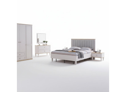Conjunto de dormitorio moderno con cama doble, mesitas de noche y set de madera gris de 5 piezas