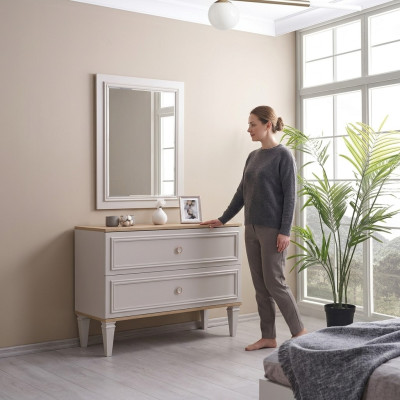 Cómoda con espejo, consola de dormitorio de madera gris moderna de 2 piezas.