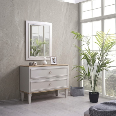 Cómoda con espejo, consola de dormitorio de madera gris moderna de 2 piezas.