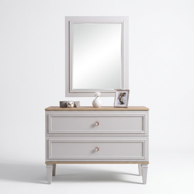 Cómoda con espejo, consola de dormitorio de madera gris moderna de 2 piezas.