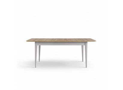 Mesa extensible de comedor de madera gris.