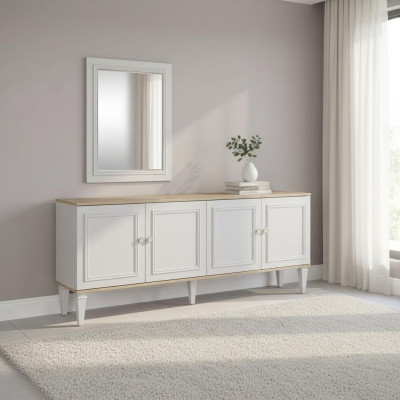 Conjunto de aparador con espejo, cómodas y aparadores de madera gris para el comedor.