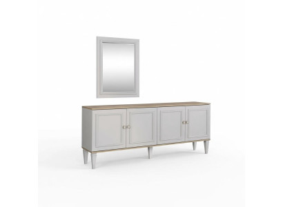 Conjunto de aparador con espejo, cómodas y aparadores de madera gris para el comedor.