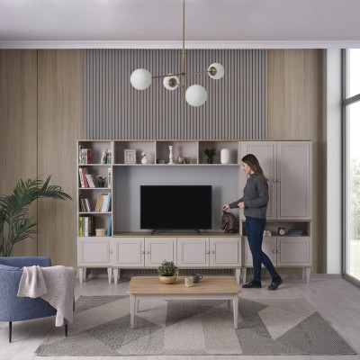 Mueble de salón de pared, soporte de TV de madera RTV, mesa baja gris con estanterías.
