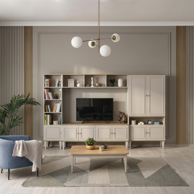 Mueble de salón de pared, soporte de TV de madera RTV, mesa baja gris con estanterías.