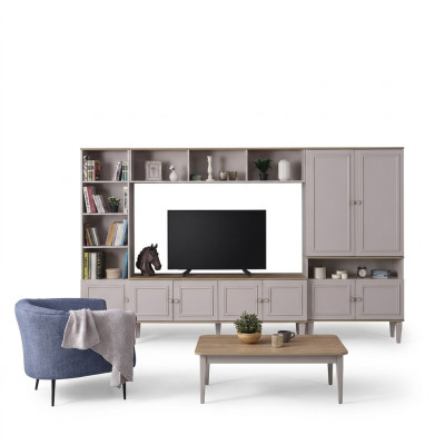 Mueble de salón de pared, soporte de TV de madera RTV, mesa baja gris con estanterías.