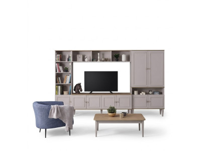 Mueble de salón de pared, soporte de TV de madera RTV, mesa baja gris con estanterías.
