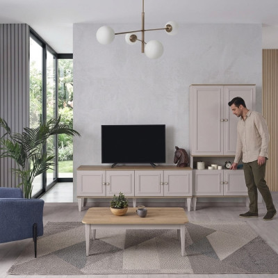 Conjunto de soporte de TV, armario RTV, estante bajo de salón, estanterías de sala de estar en madera gris.