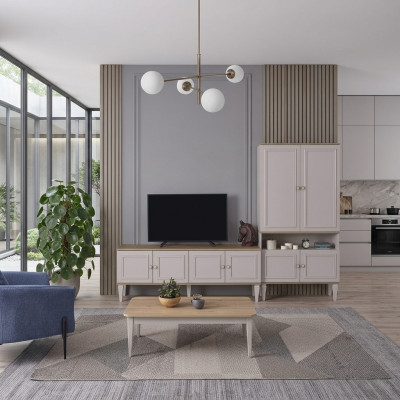 Conjunto de soporte de TV, armario RTV, estante bajo de salón, estanterías de sala de estar en madera gris.