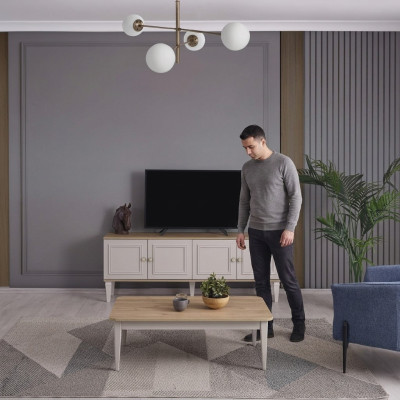 Conjunto de sala de estar TV Soporte Mesa de centro de madera Gris RTV Mueble bajo Juego