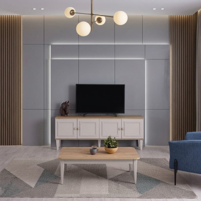 Conjunto de sala de estar TV Soporte Mesa de centro de madera Gris RTV Mueble bajo Juego