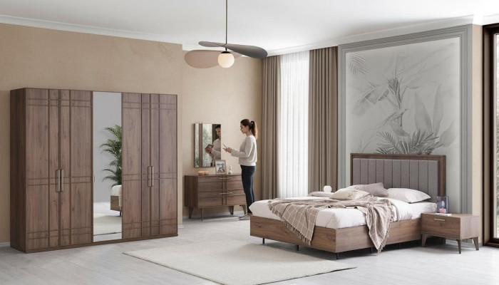 Muebles de dormitorio completos Cama doble Madera 6 piezas Dormitorio Marrón