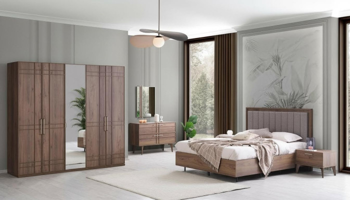 Muebles de dormitorio completos Cama doble Madera 6 piezas Dormitorio Marrón