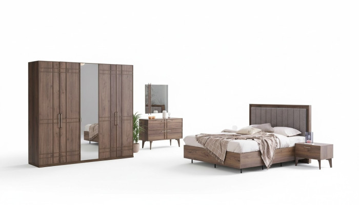 Muebles de dormitorio completos Cama doble Madera 6 piezas Dormitorio Marrón