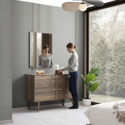 Cómoda con espejo consola de dormitorio de madera marrón moderna de 2 piezas.
