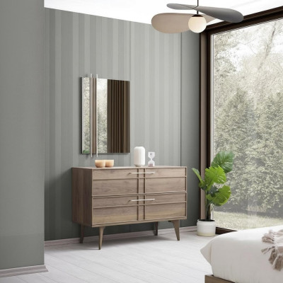 Cómoda con espejo consola de dormitorio de madera marrón moderna de 2 piezas.