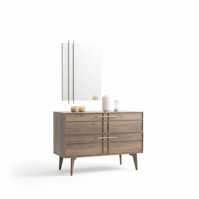 Cómoda con espejo consola de dormitorio de madera marrón moderna de 2 piezas.