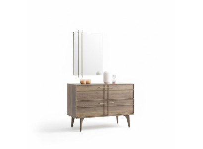 Cómoda con espejo consola de dormitorio de madera marrón moderna de 2 piezas.