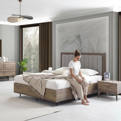 Juego de dormitorio cama doble cama mesitas de noche marrón madera conjunto de 3 piezas
