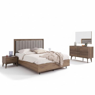 Conjunto completo de cama doble de madera de 5 piezas en tono marrón moderno.