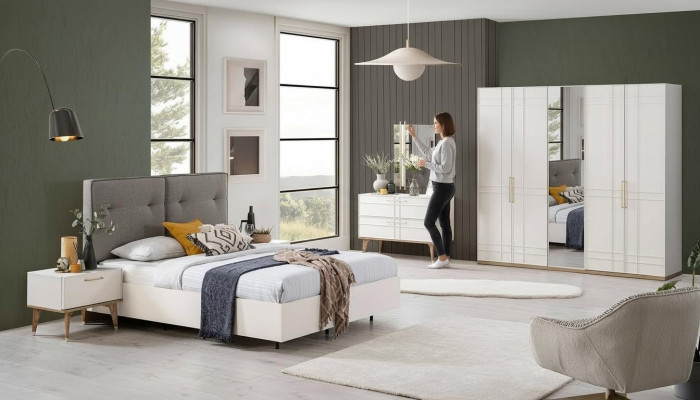 Grupo de cama doble Juego completo de muebles de dormitorio de madera de 6 piezas en blanco