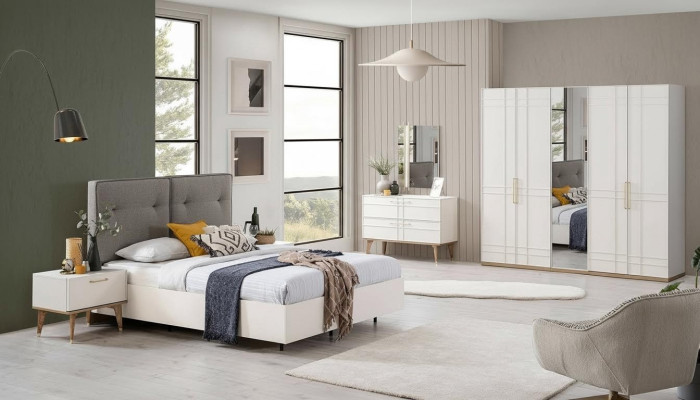 Grupo de cama doble Juego completo de muebles de dormitorio de madera de 6 piezas en blanco