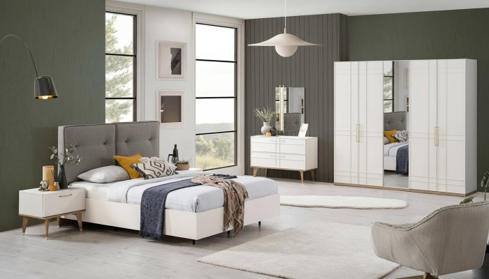Grupo de cama doble Juego completo de muebles de dormitorio de madera de 6 piezas en blanco