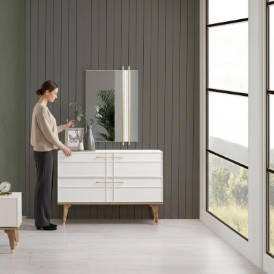 Cómoda con espejo consola de dormitorio de madera blanco set 2 piezas moderno.