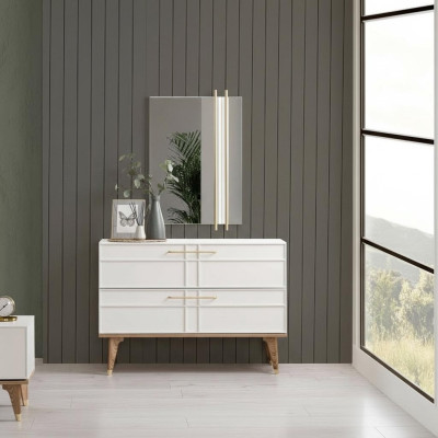 Cómoda con espejo consola de dormitorio de madera blanco set 2 piezas moderno.