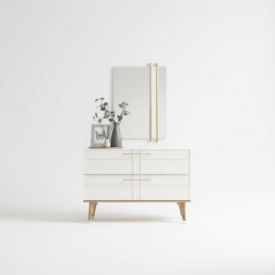 Cómoda con espejo consola de dormitorio de madera blanco set 2 piezas moderno.