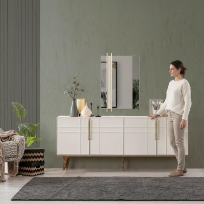 Mueble aparador con espejo, cómodas para comedor de madera blanco.