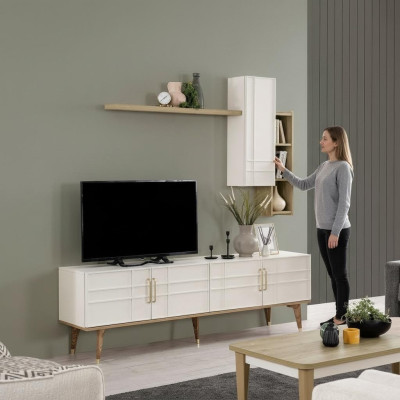 Conjunto de soporte de TV armario RTV aparador estanterías de salón blanco madera