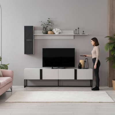Juego de muebles para TV, armario, soporte para TV, estante bajo para sala de estar, estantes de madera blancos.