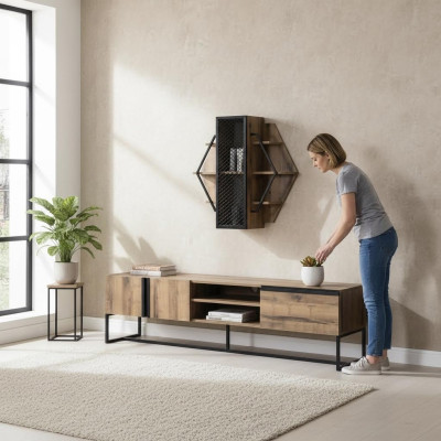 Grupo de soporte de TV y mueble bajo para televisión, estante de sala de estar, estantes de madera marrón.