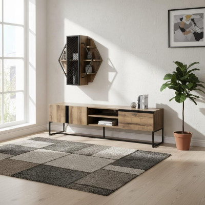 Grupo de soporte de TV y mueble bajo para televisión, estante de sala de estar, estantes de madera marrón.