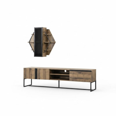 Grupo de soporte de TV y mueble bajo para televisión, estante de sala de estar, estantes de madera marrón.
