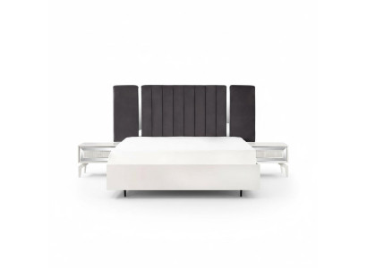 Conjunto de cama doble de dormitorio blanco con estructura de cama y 3 mesitas de noche.