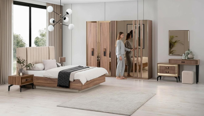 Lujo conjunto de dormitorio de cama doble de madera en tono marrón moderno de 7 piezas.