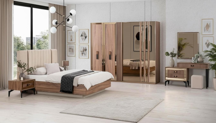 Lujo conjunto de dormitorio de cama doble de madera en tono marrón moderno de 7 piezas.