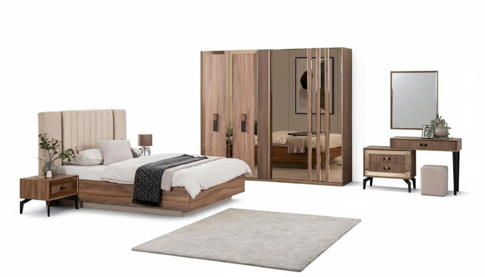 Lujo conjunto de dormitorio de cama doble de madera en tono marrón moderno de 7 piezas.
