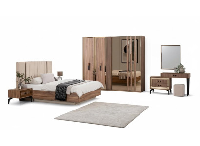 Lujo conjunto de dormitorio de cama doble de madera en tono marrón moderno de 7 piezas.