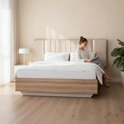 Estructura de cama cama Cama doble con somier Beige Tela Lujo Moderno