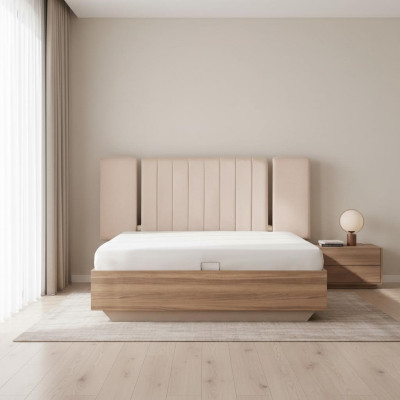 Estructura de cama cama Cama doble con somier Beige Tela Lujo Moderno