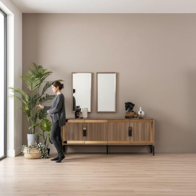 Mueble aparador con espejo, grupo de cajones de madera dorada para el comedor.