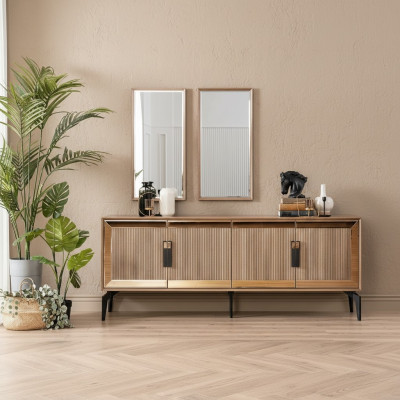 Mueble aparador con espejo, grupo de cajones de madera dorada para el comedor.
