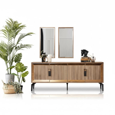 Mueble aparador con espejo, grupo de cajones de madera dorada para el comedor.