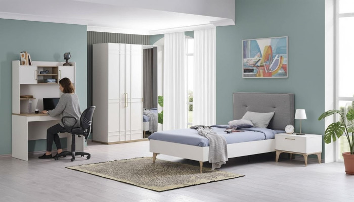 Conjunto de habitación infantil Cama infantil Cama juvenil Juego de cama de 4 piezas Blanco Madera