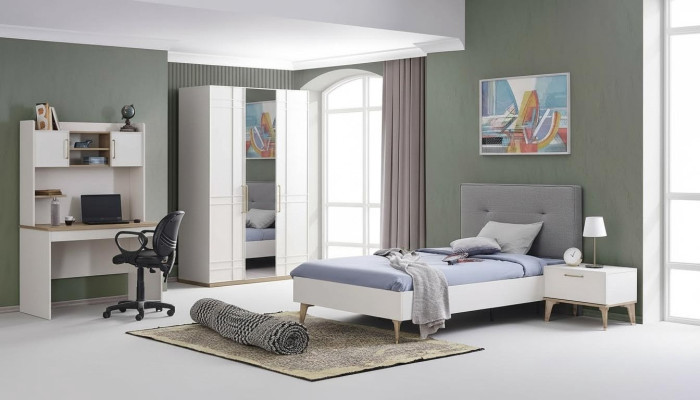 Conjunto de habitación infantil Cama infantil Cama juvenil Juego de cama de 4 piezas Blanco Madera