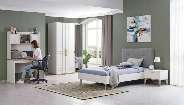 Conjunto de habitación infantil, cama infantil, cama juvenil, conjunto de cama de 4 piezas, blanco, madera.