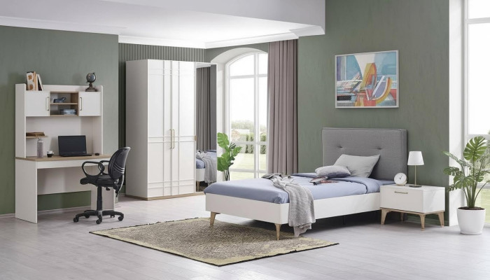 Conjunto de habitación infantil, cama infantil, cama juvenil, conjunto de cama de 4 piezas, blanco, madera.